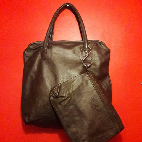 Hand made leather shopper with a detachable leather pouch